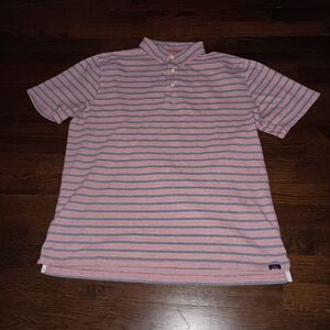 Faherty Isle Polo Shirt Mens Large Short Sleeve Pink Blue Striped Organic Cotton